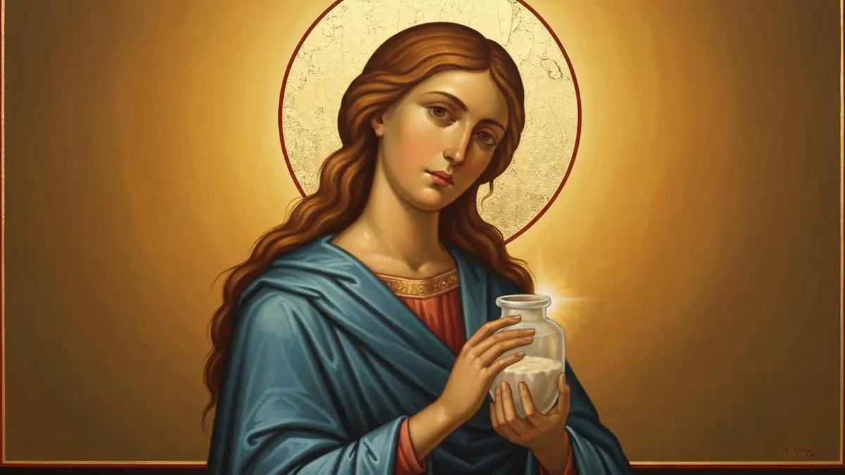Święta Maria Magdalena trzymająca alabastrowy flakon z maścią, ikona chrześcijańska