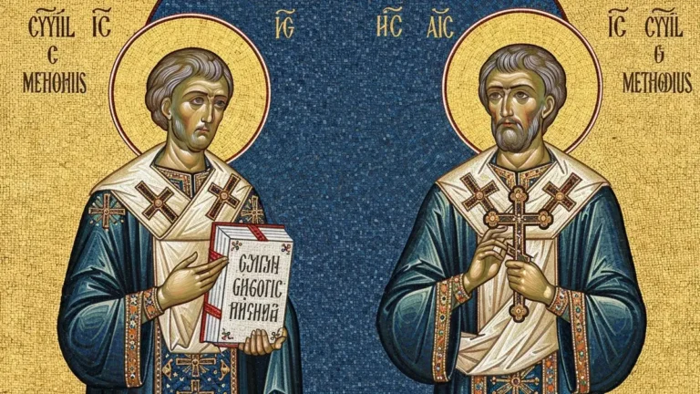 Święci Cyryl i Metody - mozaika przedstawiająca apostołów Słowian z tablicami pisma głagolickiego
