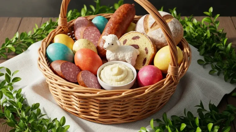 Koszyczek wielkanocny z jajkami, wedlina, chrzanem, barankiem i mazurkiem na bialym lnianym obrusie