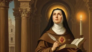 Święta Teresa z Avili - portret reformatorki Karmelu Bosego trzymającej pióro i serce przebite strzałą