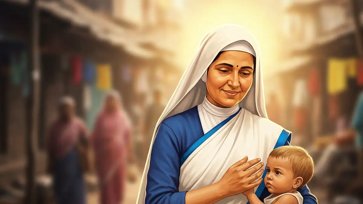 Swieta Teresa z Kalkuty w bialym habicie z niebieskim obrzezeniem trzymajaca dziecko na rekach, portret symboliczny