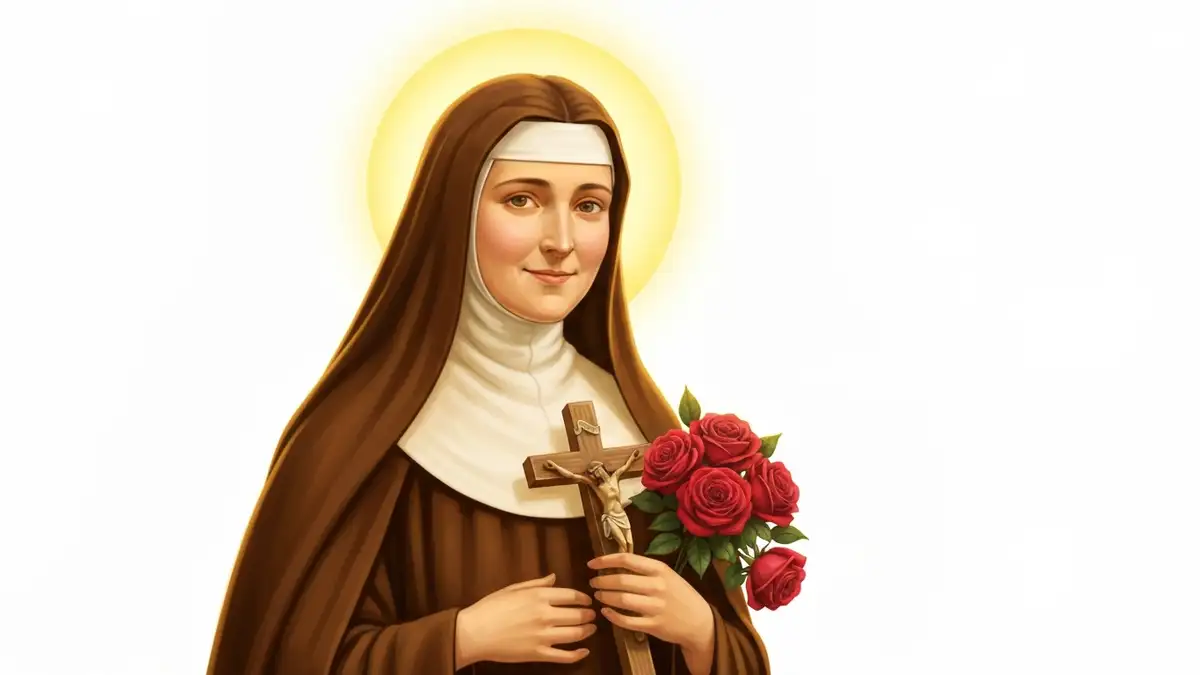 Święta Teresa z Lisieux w habicie karmelitańskim trzymająca krzyż i bukiet róż
