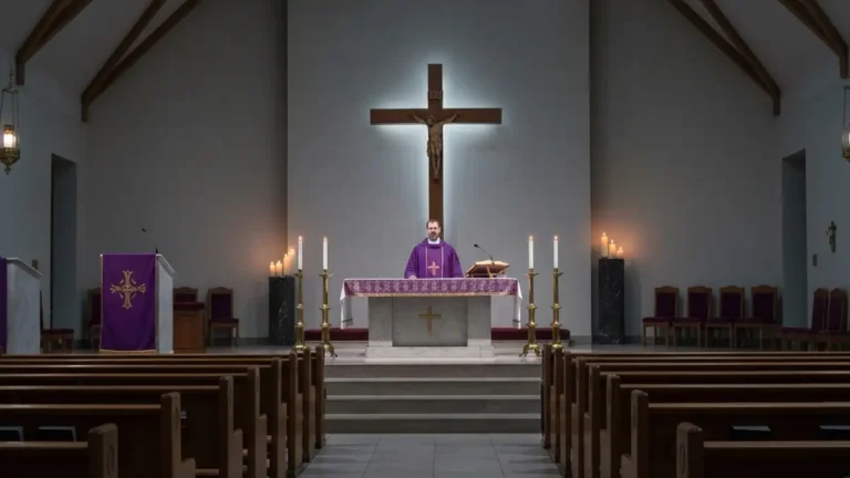 Wnętrze kościoła katolickiego podczas Wielkiego Postu - purpurowe ornaty i krzyż