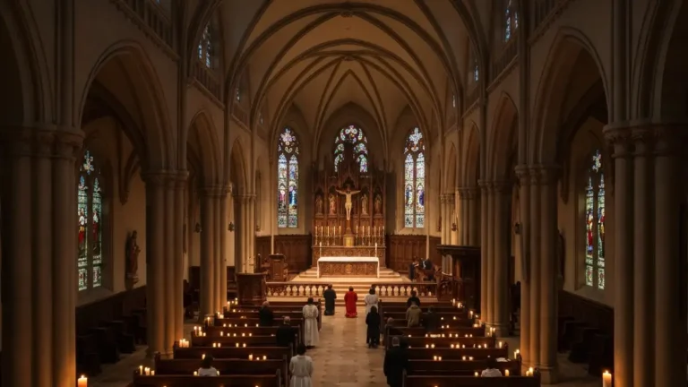 Liturgia Triduum Paschalnego - swiatlo paschału i krzyz w ciemnym kosciele katolickim