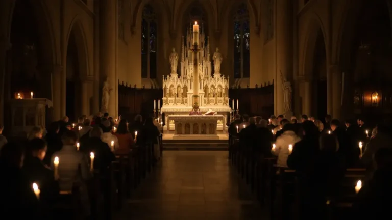 Liturgia Wigilii Paschalnej - wierni trzymajacy zapalone swiece w ciemnym kosciele podczas blogoslawienstwa ognia