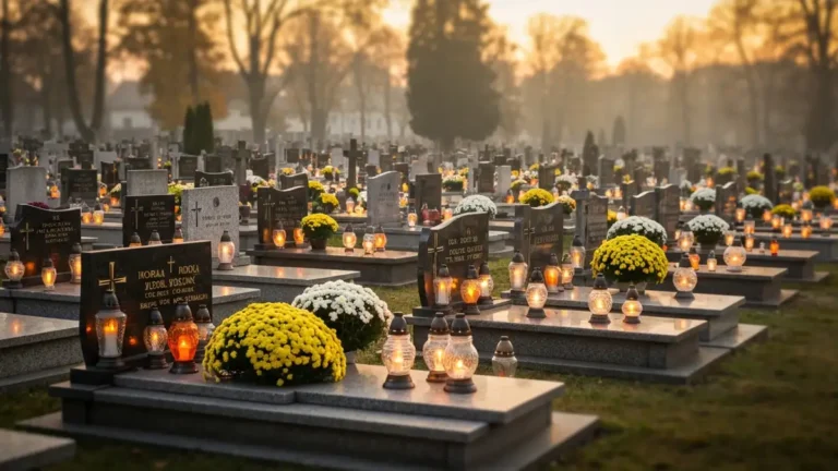 Cmentarz w Polsce w dniu Wszystkich Swietych 1 listopada - znicz i chrysantemy na grobach