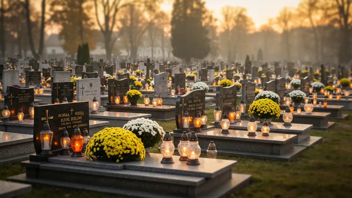 Cmentarz w Polsce w dniu Wszystkich Swietych 1 listopada - znicz i chrysantemy na grobach