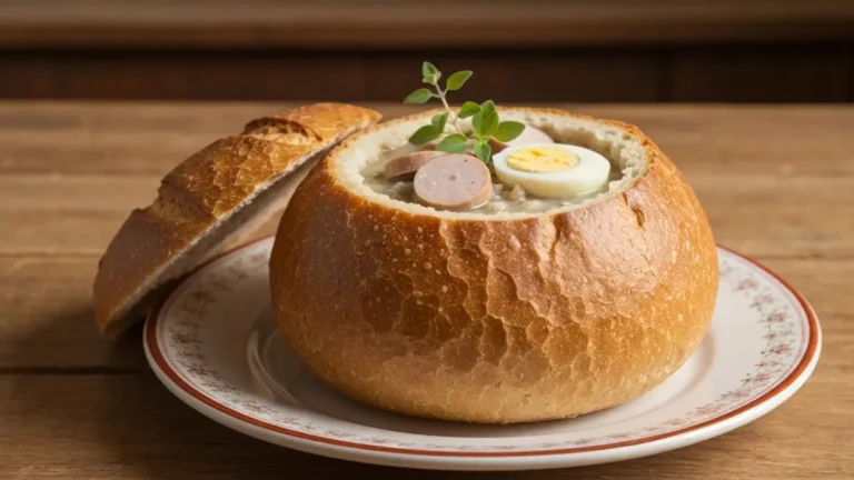 Zurek wielkanocny na zakwasie zytnim podany w bochenku chleba z bialą kielbasa i jajkiem